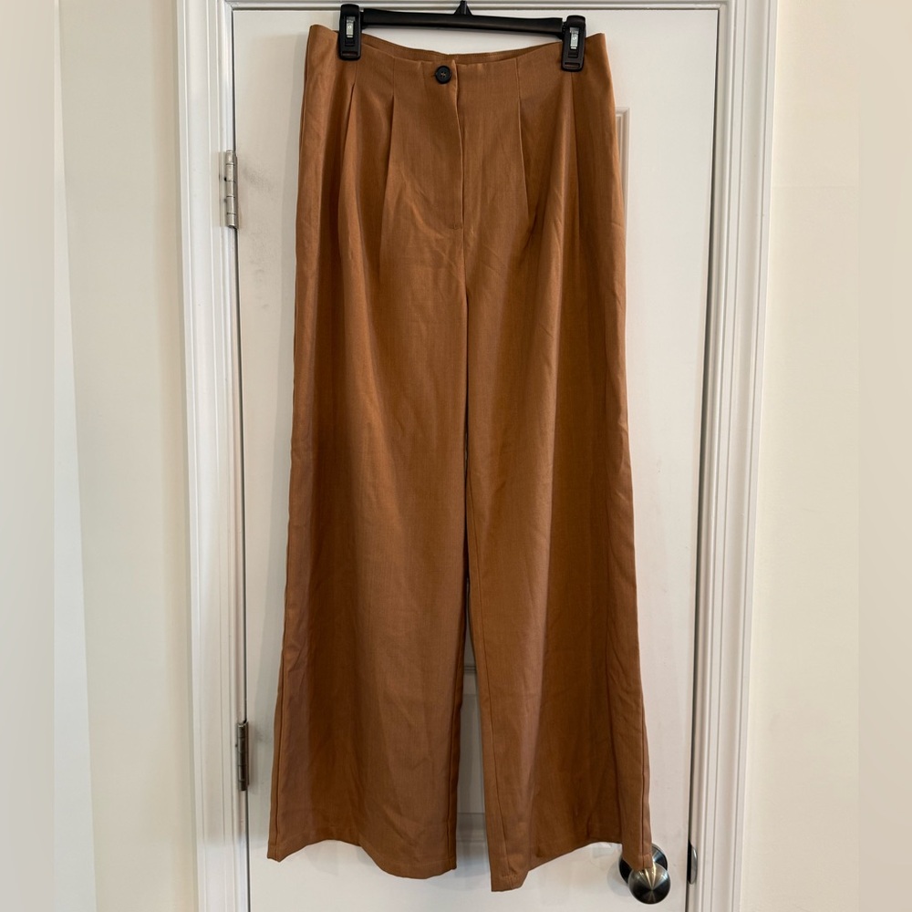 Wide Leg High Rise Pleated Trousers Women’s L Brown Office Chic